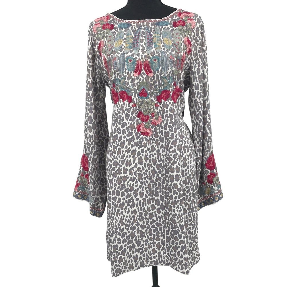 Biya Johnny Was Dress Womens S Gray Leopard Floral Rayon Embroidered Boho Tunic - Picture 2 of 16